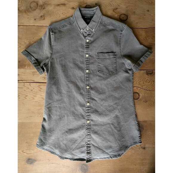 Asos Design Button Down Shirt Mens Large Gray Chambray Short Cuff Sleeve Casual - Picture 12 of 16
